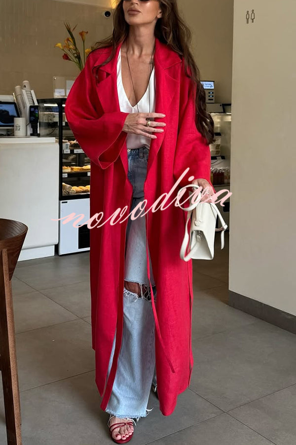 Linen Blend Solid Color Casual Lapel Tie Loose Maxi Dress