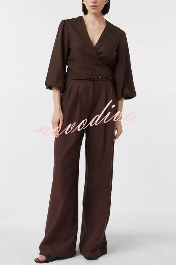 Lets Go Out Linen Blend Balloon Sleeve Wrap Tie-up Loose Top