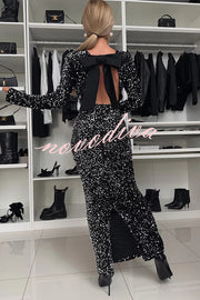 My Space Velvet Sequin Long Sleeve Open Back Bow Detail Stretch Maxi Dress