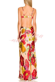 Hawaiian Dreams Satin Floral Print Cutout Backless Maxi Dress