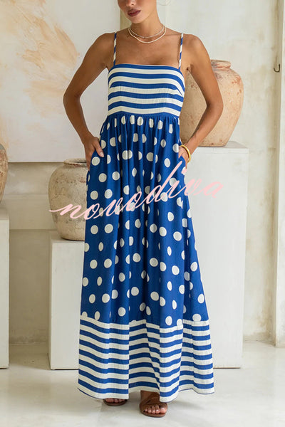 Striped Polka-dot Print Sling Pleated Open-back Maxi Dress