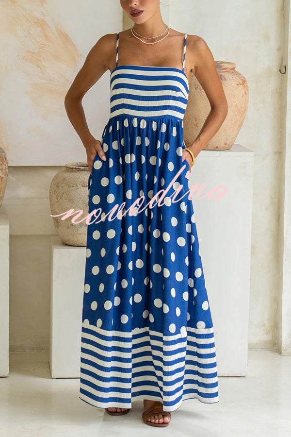 Striped Polka-dot Print Sling Pleated Open-back Maxi Dress