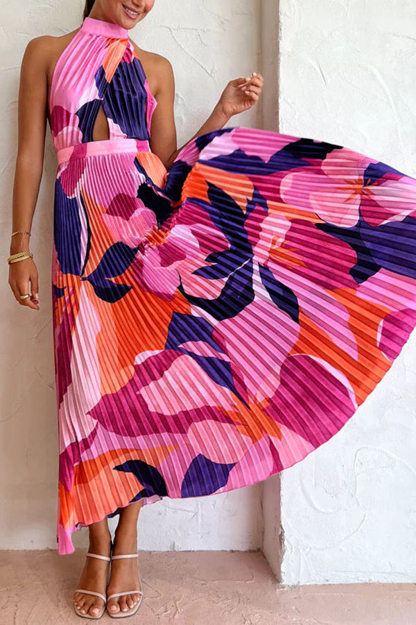 Romantic One Capri Print Halter Neck Pleated Maxi Dress