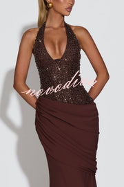 Exclusive Declaration Sequin Halter Neck Back Lace-up Ruched Hem Maxi Dress