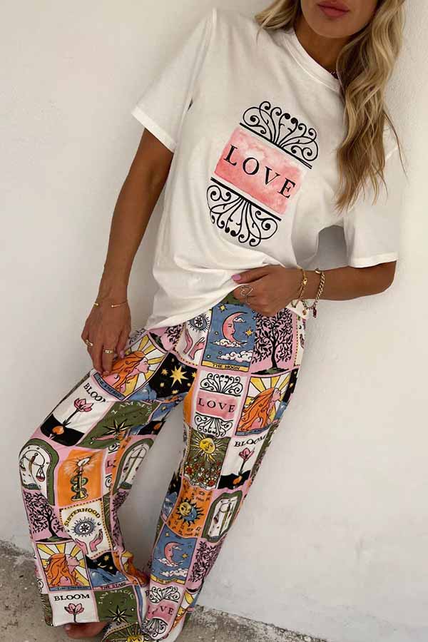 Whimsical Tarot Inspired Print Dolman Sleeve Flowy Shirt and Elastic Waist Wide Leg Pants Set