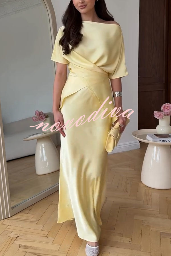 Secret of Elegance Satin Slit Back Lace-up Top and Elastic Waist Flare Maxi Skirt Set