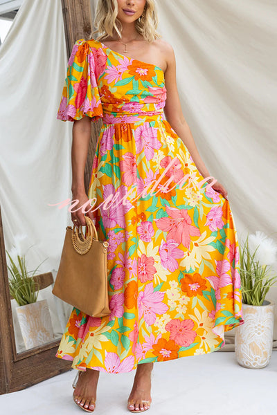 Coriene Floral Print One Shoulder Puff Sleeve Maxi Dress