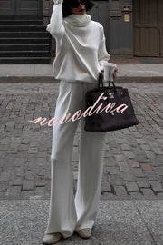 Morning Coffee Walks Ribbed Turtleneck Long Sleeve Sweatshirt and Elastic Waist Pocketed Loose Pants Set
