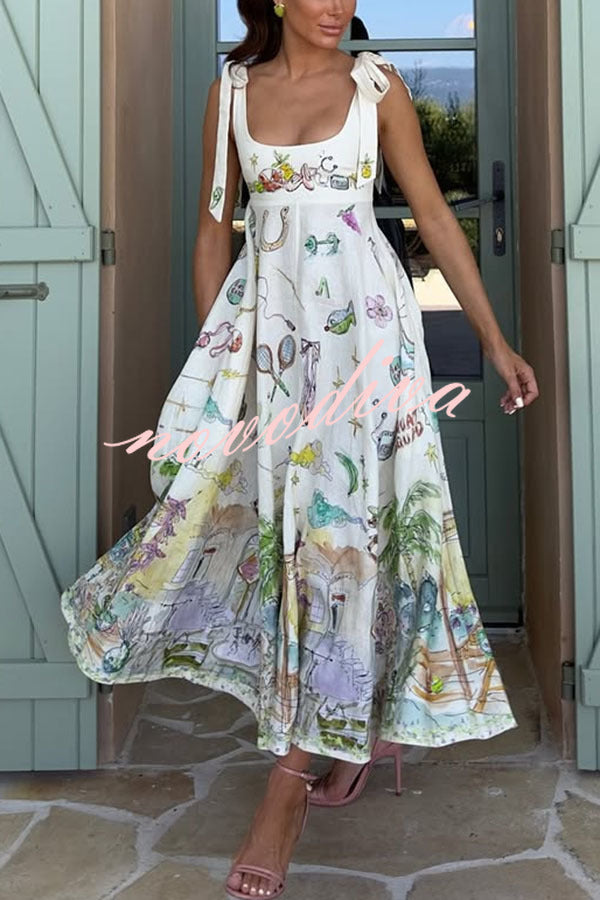 Euro Summer View Linen Blend Unique Print Tie-up Straps Pocket Midi Dress