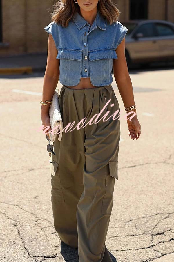 Stylish Weekend Denim Button Up Cape Sleeve Pocket Crop Top