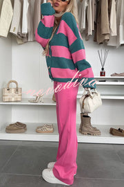 Fashion Contrast Striped Casual V-neck Long-sleeved Knitted Cardigan