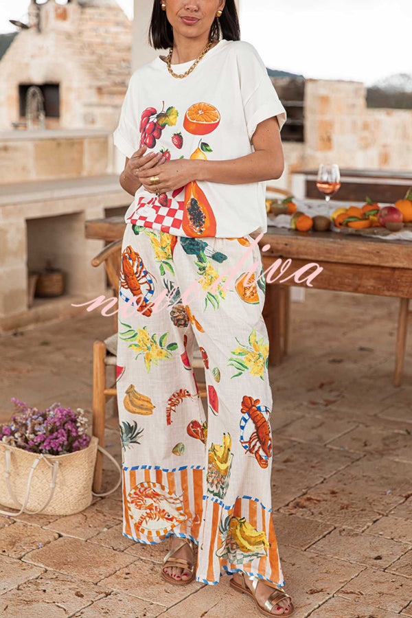Unique Printed Elastic Waist Pocket Vacation Casual Wide Leg Pants