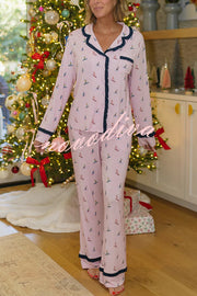 Postcards To Santa Unique Print Ruffles Trim Pocket Shirt and Elastic Waist Pajama Set
