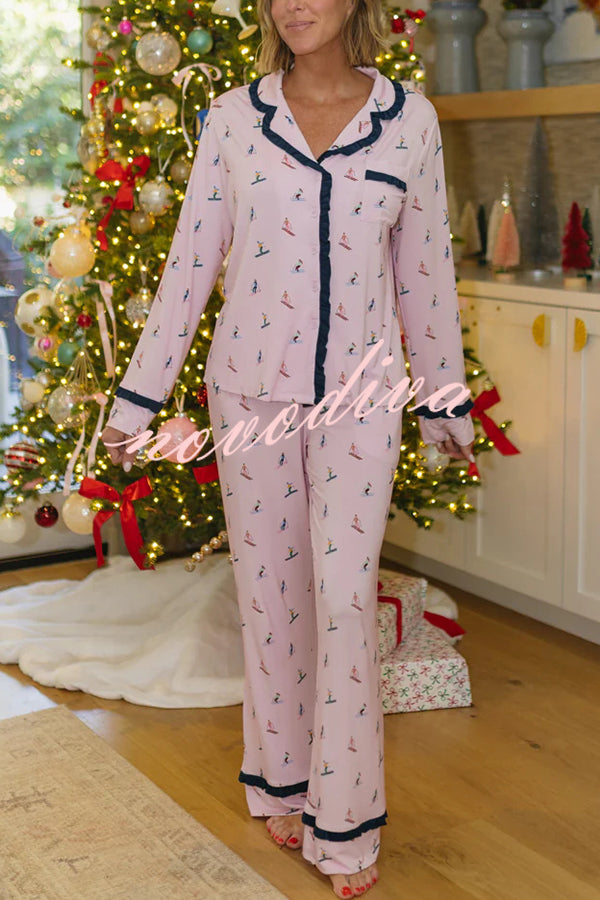 Postcards To Santa Unique Print Ruffles Trim Pocket Shirt and Elastic Waist Pajama Set