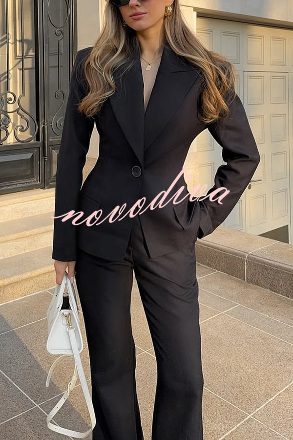 Solid Color Long-sleeved Single-button Blazer and Pocket Casual Flared Pants Set