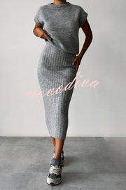 Triko Knit Short Sleeve Sweater and Stretch Ribbed Midi Skirt Set