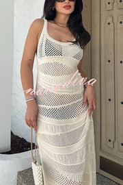 Solid Color Knit Hollow Crew Neck Sleeveless Beach Cover Up Maxi Dress