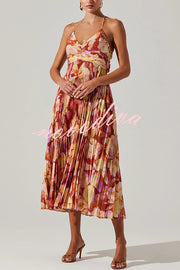 Wedding Party Season Floral Print Pleated Back Tie-up Midi Dress