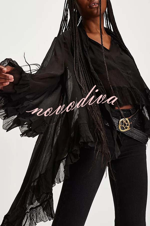 Flowy See-through Ruffle Tie-up Neck Bell Sleeve High-low Hem Cape Shirt