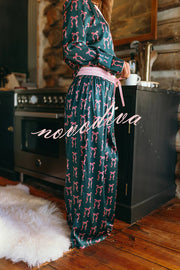 Satin Bow Print Long sleeve Loose Shirt and Elastic Waist Tie Loose Pants Set