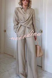 Juliette Cross-front Button Up Long Sleeve Shirt and Elastic Waist Pocket Loose Pants Set