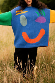 Feel Good Knit Colorful Smiley Face Loose Pullover Sweater