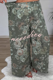 Linen Blend Crew Neck Long Sleeve Irregular Loose Top and Elastic Waist Floral Print Casual Pocket Set