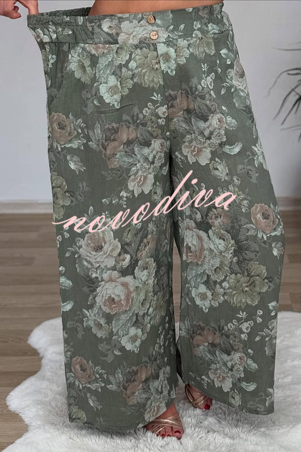 Linen Blend Crew Neck Long Sleeve Irregular Loose Top and Elastic Waist Floral Print Casual Pocket Set