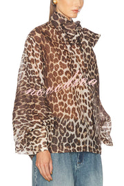 Arianne Chiffon Leopard Print Bow Neck Long Balloon Sleeve Loose Blouse