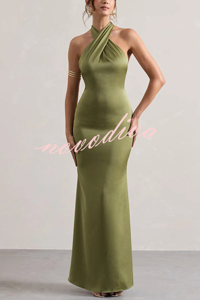 Solid Color Halter Neck Tie Sexy Backless Slim Maxi Dress