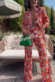 Full of Energy Flower Print Lapel Blazer and Elastic Waist Pocket Pleated Side Hem Pants Set