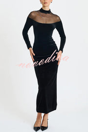 Fashionable Velvet and Mesh Spliced long-sleeved Slim-fit Maxi Dress