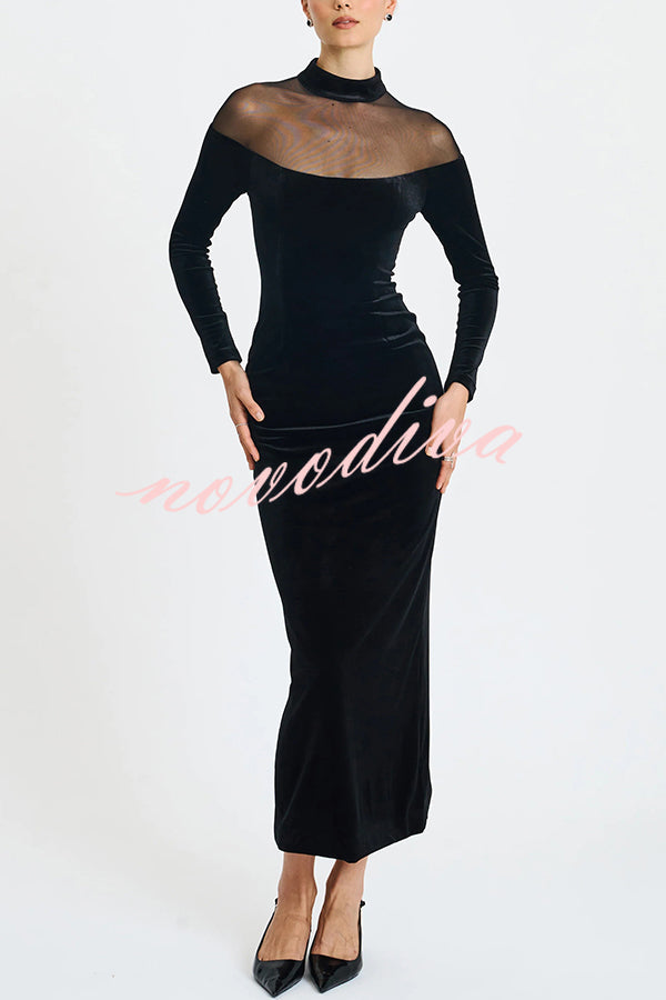 Fashionable Velvet and Mesh Spliced long-sleeved Slim-fit Maxi Dress