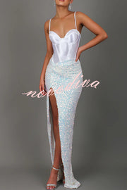 All about Glam Satin Corset Sequin Twist High Leg Split Maxi Dress