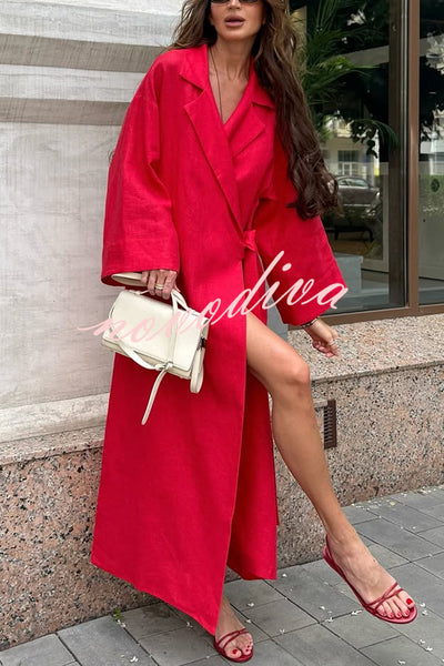Linen Blend Solid Color Casual Lapel Tie Loose Maxi Dress