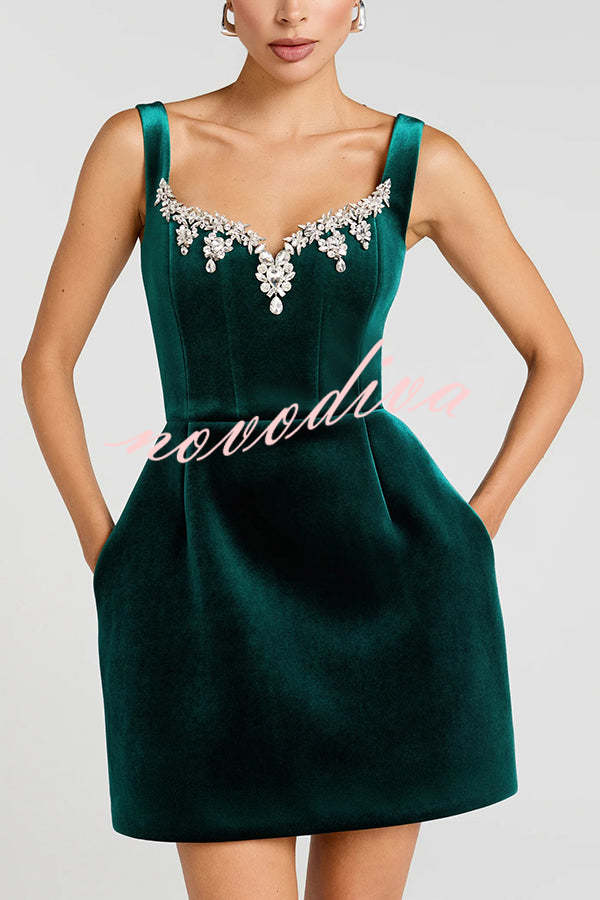 Blair Luxurious Velvet Jewel-encrusted Sweetheart Neck Pocket Tulip Stretch Mini Dress