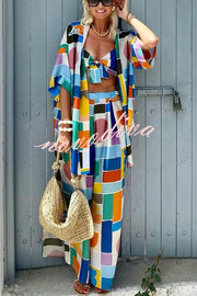 Summer Colors Printed Kimono + Knotted Tank + Elastic Waist Pocket Three-pieces Pants Set