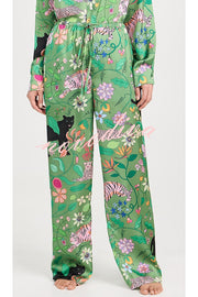 Quiet Jungle Satin Unique Print Long Sleeve Shirt and Elastic Waist Pocket Lounge Pants Set