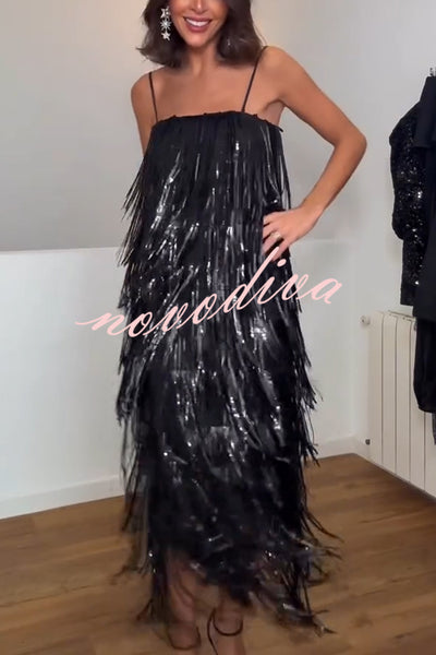 Chic Celebration Layered Sequined Tassels Slip Strapless H-line Midi Dress