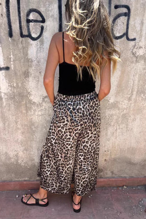 Leopard Print Elastic Waist Loose Pocket Wide Leg Pants