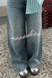 Fashionable Rhinestone Mid-rise Loose Pocket Straight Jeans