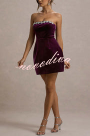 Effortlessly Elegant Velvet Jewel Embellished Trim Bandeau Mini Dress