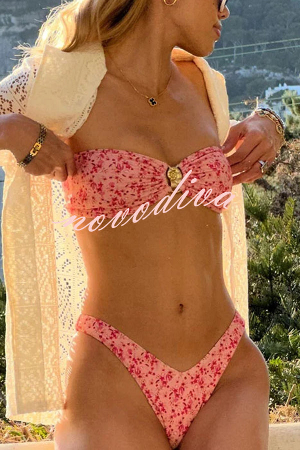 Floral Print Conch Buttoned Two-piece Stretch Bikini Swimsuit