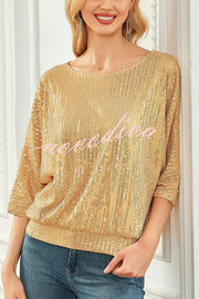 Solid Color Sequined Loose Round Neck Casual Top