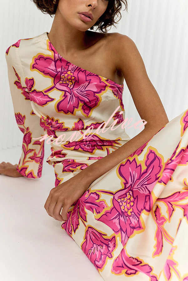 Rhia Satin Floral Print One Shoulder Flared Maxi Dress