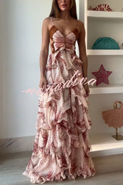 Ariae Butterfly Print Multi-layered Ruffles Backless Tie-up Maxi Dress