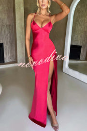 Satin Solid Color Sexy Backless Lace Up High Slit Maxi Dress