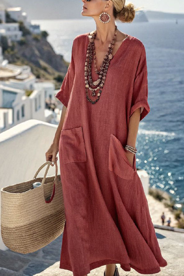 Striped Print V-Neck Casual Loose Pocket Maxi Dress