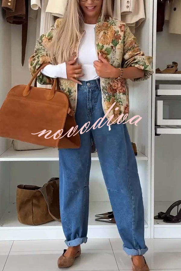 Floral Print Loose Long-sleeved Zip-up Jacket