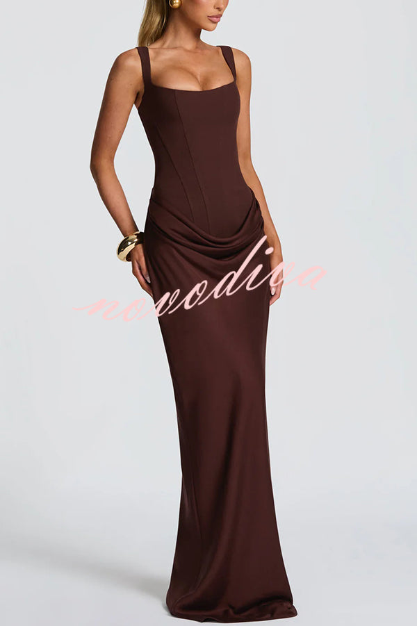 Larrah Square Neck Back Lace-up Satin Drape Hem Maxi Dress